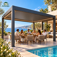 Pergola motorisée économique pour extérieur avec toit métallique rotatif et contrôle solaire, idéale pour café de rue, balcon, hôtellerie et salon.