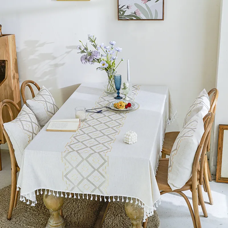 Taplak Meja Makan Dicuci Burgundy Polos, Taplak Meja Linen Putih Persegi Panjang dengan Rumbai untuk Rumah