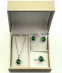 Lüks 3 adet <span class=keywords><strong>Set</strong></span> yeşil zümrüt Rhinestone kolye kadınlar için küpe seti paslanmaz zincir geometrik kristal takı seti - Product Image 5