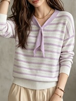 Pull décontracté en maille rayée pour femme 2026, col en V, à nouer devant, manches longues, ajouré, ample, doux et confortable, 280g QIZUN