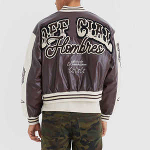 Chaquetas Personalizadas de <span class=keywords><strong>Cuero</strong></span> Sintético Marrón, Estilo Varsity, con Cierre, Bordado Chenille y Parches, para <span class=keywords><strong>Hombre</strong></span>, Estilo Universitario Retro - Product Image 3
