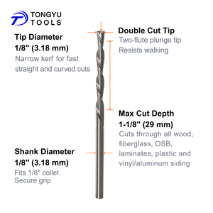 Broca con cremallera de corte en espiral multimaterial de 1/8 ", broca de enrutador <span class=keywords><strong>HSS</strong></span> compatible con herramientas de corte rotativas y sierra en espiral para corte de PVC OSB de plástico y madera - Product Image 2