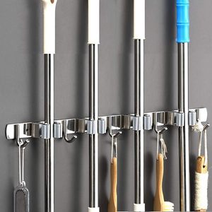 Support mural moderne gris en acier inoxydable SUS304 sans perçage pour balais et serpillères, avec crochets multiples non pliables et rangement en silicone - Product Image 3