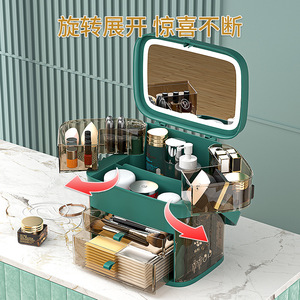 Cosmetic Storage Box Plastic Dustproof Desktop Organizer With <b>Mirror</b> And Jewelry Compartment Large Capacity <b>Makeup</b> Holder - Product Image 3