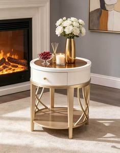 White & Gold Round End <b>Table</b> with <b>Drawer</b> and Shelf Modern Living Room Accent <b>Side</b> <b>Table</b> - Product Image 4