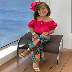 Nouvel Arrivage Ensemble Vêtements Fille Été Bébé Fille Haut Épaules Dénudées + Pantalon Volants Fleurs Tenue Enfant Fille - Product Image 2