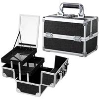 Organisateur de maquillage portable en aluminium avec miroir, plateau à 2 niveaux, fermeture à verrouillage, étanche, antichoc, boîte de toilette de voyage pour cosmétiques et produits pour les ongles