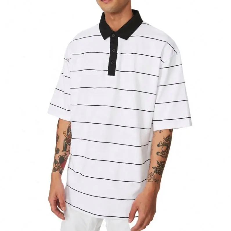 Samcci Classic Black And White Striped Contrast Collar Oversized Short Sleeve Polo