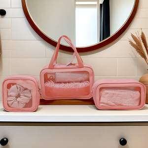 3 y 1 bolsas de maquillaje impermeables de PVC de cuero Pu suave bolsas de cosméticos con letras de Color personalizadas rosa para viajes al aire libre mujeres - Product Image 1