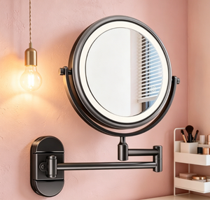 LED Round Wall-Mounted Metal Frame Foldable Magnifying <b>Lighted</b> Makeup <b>Mirror</b> for Bathroom - Product Image 4