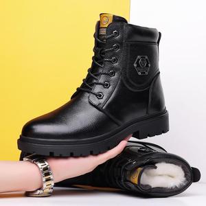 Bottes Martin pour homme, bout rond, en cuir, avec doublure en fourrure, semelle en caoutchouc isolante, bottes de travail tendance - Product Image 3