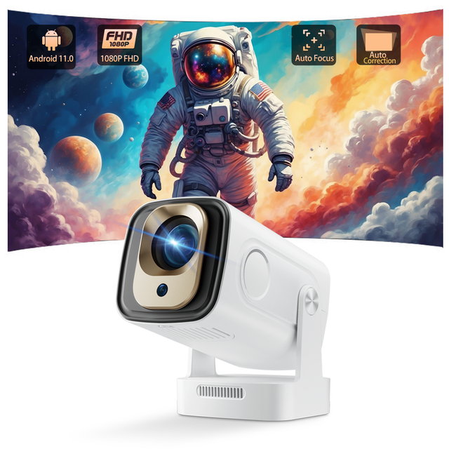 HY260 Pro Projector LED Native 1080P Android 11 4K 200ANSI WiFi6 BT5.4 Mini Projector Portable 180° Rotatable for Outdoor