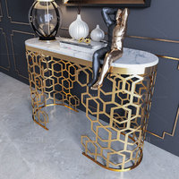 Table console moderne de luxe en acier inoxydable doré avec plateau en faux marbre pour la maison, la villa, l'hôtel, l'entrée, le couloir, le salon