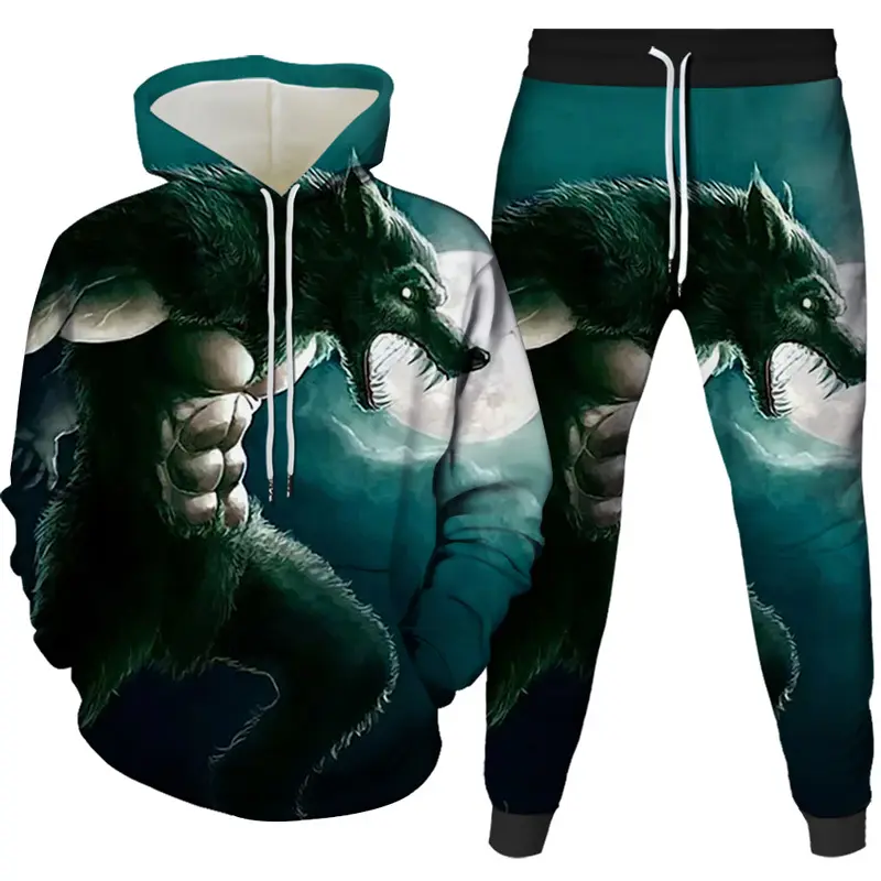 Fashion Hot Sales Casual Long Sleeve Wolf Tracksuit Hoodie And Jogger Men 2Piece Set 3D Print Men Casual Jogger Pant