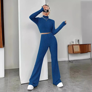 Women's <b>Sweater</b> <b>Set</b> Long Sleeve Crop Top And Wide Leg Pants Solid Color Casual Suit For Autumn Winter Smlxl - Product Image 3