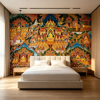Papier peint mural traditionnel thaïlandais pour temple bouddhiste, art religieux d'Asie du Sud-Est, papier peint autocollant pour la décoration de la maison