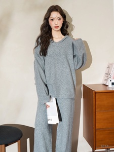 Cozy <strong>Knit</strong> Minimalist Loungewear Hooded <strong>Sweater</strong> Set Full-Length Wide-Leg Pants Women's Relaxed Home Outfit Three-Piece Suit - Product Image 3