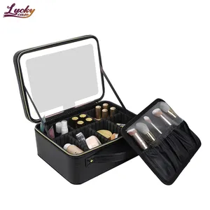 Bolsa de maquiagem para viagem com espelho de luz LED estojo portátil para maquiagem com divisórias ajustáveis estojo para maquiagem com espelho LED