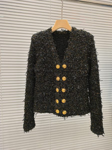 BA2365 Giacca Cardigan da <span class=keywords><strong>Donna</strong></span> Stile Francese Doppiopetto con Bottoni Dorati Scollo a V Versatile Elegante Corta in <span class=keywords><strong>Tweed</strong></span> - Product Image 4