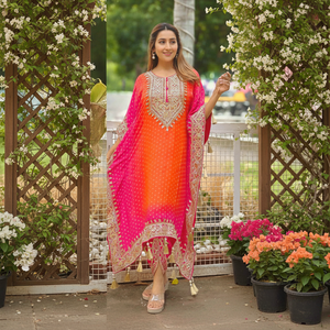 KAFTAN pour femme à manches courtes en viscose respirante, broderie et impression numérique, avec Dhoti ORANGE - TENDANCE - Product Image 3
