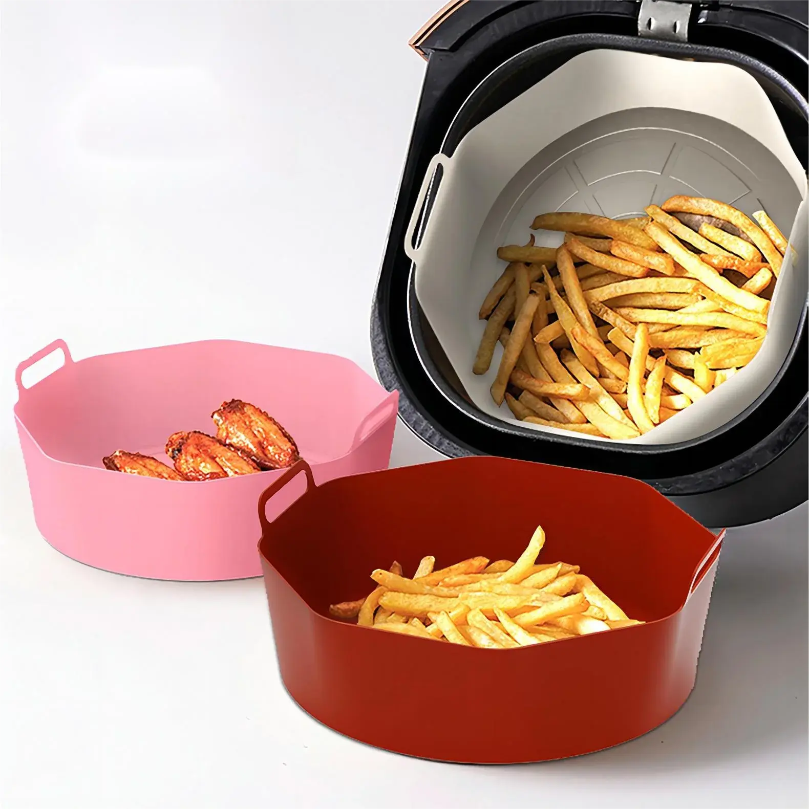 Food Grade Reutilizável Silicone Air Fryer Liner BPA Free Air Fryer Pan Silicone Air Fryer Pot Set