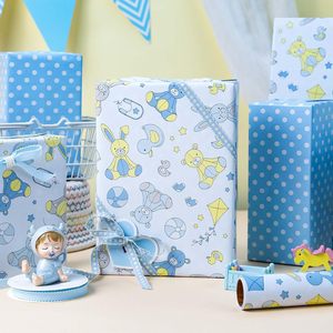 Papel de regalo para baby shower para niños, con dibujos animados de conejo y pato azules, impresión a doble cara, personalizable - Product Image 1
