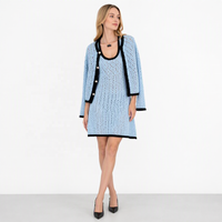 Ensemble tricoté 2 pièces pour femme : Cardigan et mini-robe color block ajouré à manches longues bleu automne
