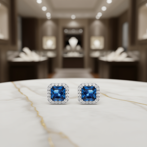 Orecchini a Perno Classici Quadrati con Zaffiro Taglio Asscher e Diamanti, Montatura a Castone per Gioielli da Festa da Donna in Materiale Legato - Product Image 2