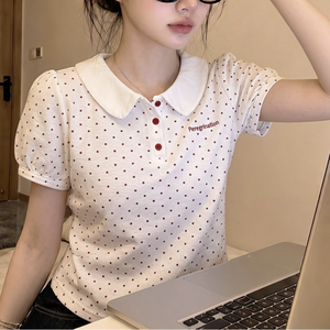 Women's White Polka Dot Short Sleeve for Shirt Embroidered Letter <b>Preppy</b> Style Regular Length Knitted Cotton Bamboo Fiber <b>Top</b> - Product Image 3