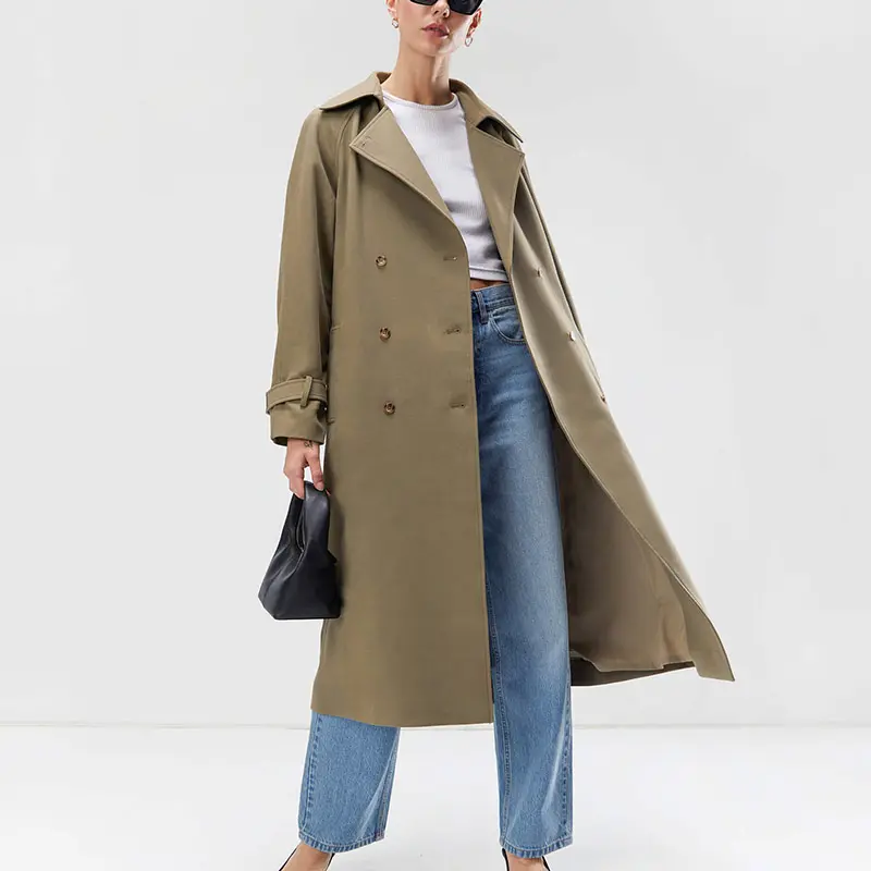 Custom Spring Winter Double Breasted Jackets Classic Long Windproof Belt Trench Coat,Fashion Khaki Women Trench Coat