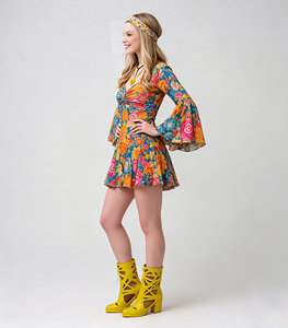 Abito Mini Floreale Anni '70 per <span class=keywords><strong>Donna</strong></span> con Maniche a Campana, <span class=keywords><strong>Costume</strong></span> Retrò con Simbolo della Pace per Festa di Halloween - Product Image 2