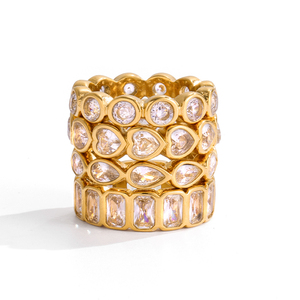 J&D Anéis Empilháveis Minimalistas de Aço Inoxidável Banhados a Ouro 18K com Zircônia Cúbica, Formato Redondo, Retangular, Coração e Gota - Product Image 4