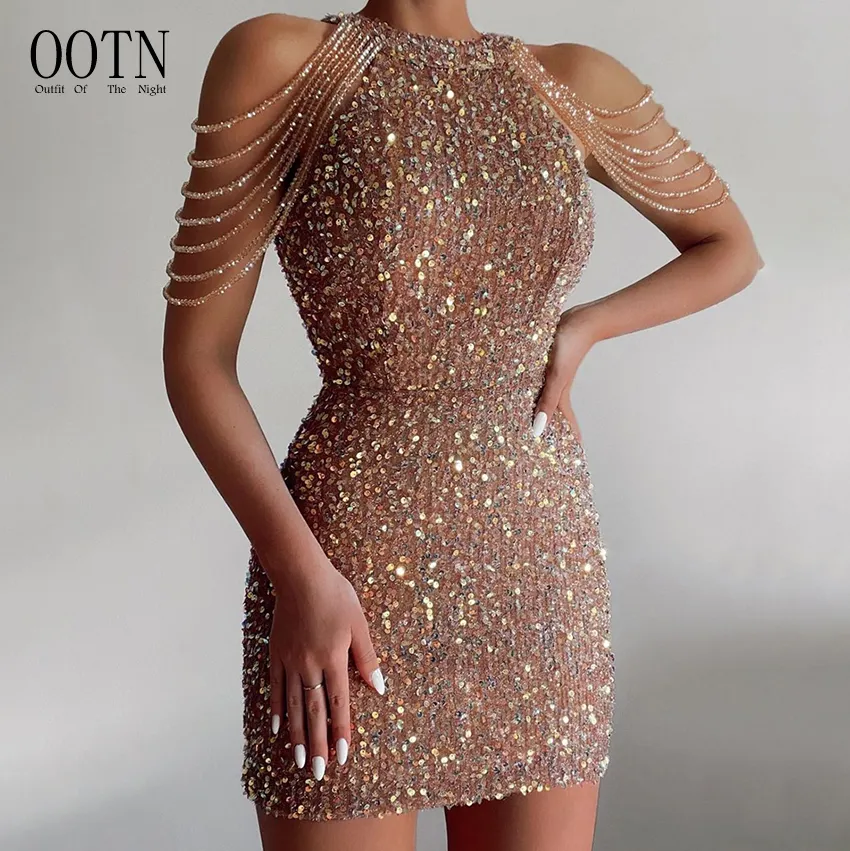 OOTN Robe de soirée sexy pour femmes Robe à paillettes dorées à épaules dénudées Robe courte de soirée moulante