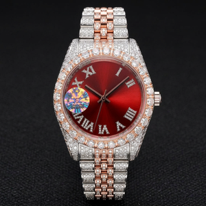 Montre de luxe pour femme avec cadran rouge et diamants, bracelet en argent sterling, mouvement à quartz, affichage analogique, fermoir pliant - Product Image 1