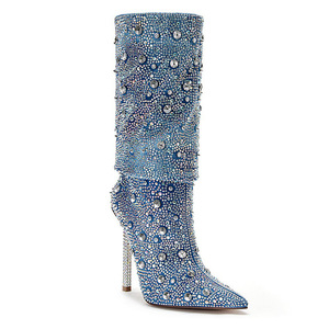 2023 stivali di vitello in <span class=keywords><strong>denim</strong></span> personalizzati alla moda stivali a punta con strass a spillo <span class=keywords><strong>scarpe</strong></span> da donna - Product Image 2
