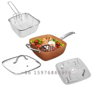 Juego de utensilios de cocina de aluminio antiadherentes, juego de ollas de cobre de 5 Quart, sartén cuadrado, cesta de freír, estante de vapor, 4 Uds.