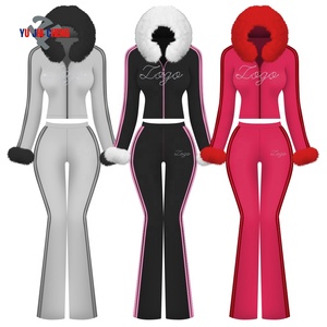 Tuta Invernale in <span class=keywords><strong>Velluto</strong></span> a Due Pezzi Personalizzata per Donne, Giacca con Cappuccio in Pelliccia, Ricamo Effetto Vissuto, Felpa con Zip e <span class=keywords><strong>Pantaloni</strong></span> a Zampa - Product Image 1