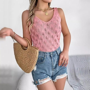 Top de punto sin mangas con cuello <span class=keywords><strong>en</strong></span> V y diseño de hojas huecas <span class=keywords><strong>en</strong></span> color liso, novedad de verano, chaleco de vacaciones <span class=keywords><strong>para</strong></span> <span class=keywords><strong>mujer</strong></span>. - Product Image 1