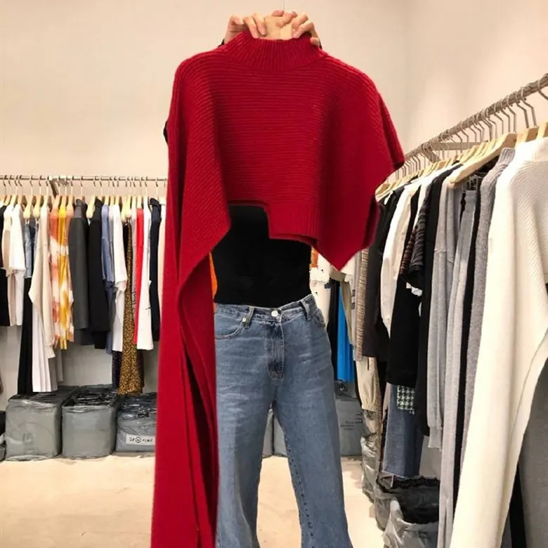 2023 New Fashion Women'S High Neck Sweater Loose Shawl Style Sleeveless Irregular Solid Color Sweaters