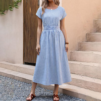 Robe longue d'été personnalisée pour femme, rayée, décontractée, à manches courtes, col rond, taille empire, fluide, style plage, avec poches, collection 2026