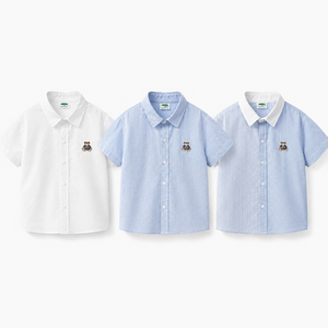 Chemise à manches courtes pour garçons 2026, en mélange de coton, col polo, broderie ours, style décontracté preppy, légère, boutonnée - Product Image 1
