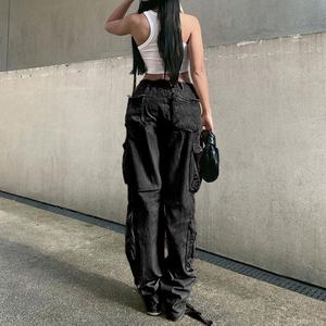 Nouveau pantalon cargo décontracté pour femme, taille basse, style streetwear hip-hop, en toile respirante, vintage, multi-poches, avec coutures - Product Image 3