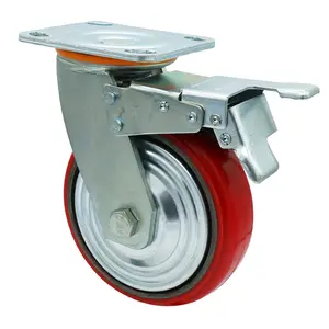 Polyurethane Swivel Plate Locking Casters Wheels 5 Inch Heavy Duty Cast Iron Core Pu Caster Wheels 300kg