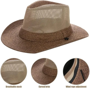 Chapeau Fedora en paille creuse à large bord unisexe avec ruban, pour la plage, taille adulte 56-58CM - Product Image 3