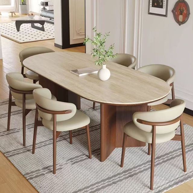 Nordic French Retro Oval Wood Dining Room Table 6 Seater Walnut Restaurant Dinner Table Kitchen Furniture