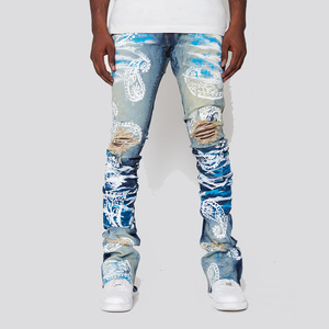 AeeDenim Diseñadores personalizados <span class=keywords><strong>Jeans</strong></span> Hombres Stacked Extendo Flared Screen Print Aguacate Slim <span class=keywords><strong>Tapered</strong></span> Denim <span class=keywords><strong>Jeans</strong></span> Hombres Pantalones largos - Product Image 3