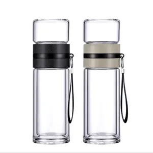 Classical Double Wall Clear Protective Sleeve Tea Water Separation Custom Logo Glass Water Bottle with rope