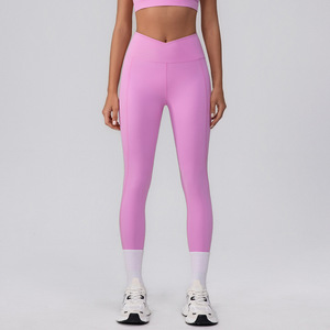 Legging de yoga taille haute à découpe en V, sans couture, effet ventre plat, anti-boulochage, froncé, uni, pour la gym et l'entraînement - Product Image 2