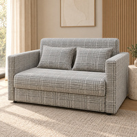Canapé-lit moderne à plaid avec structure en métal noir et accoudoirs carrés pour chambre neutre et salon, avec matelas blanc dissimulé