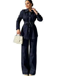 Ensemble Veste en Jean Polyester Manches Longues Couleur Unie Respirante et Décontractée Nouvelle Collection Été 2026 + Jean Large – Vente en Gros - Product Image 1